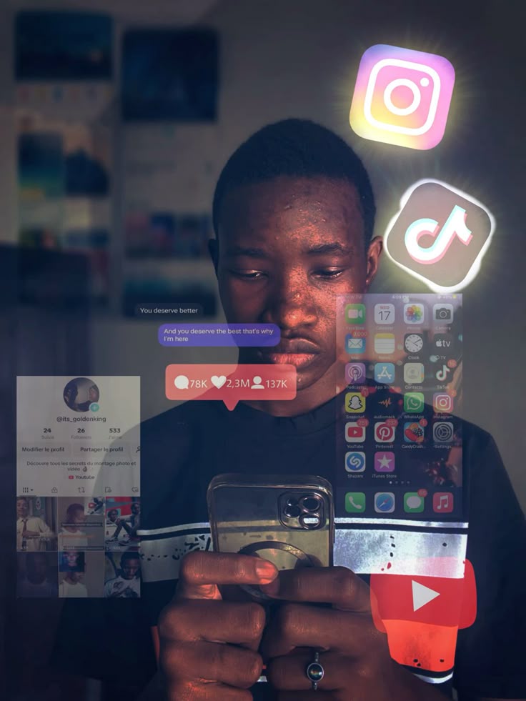 Social media management-Person scrolling on phone with social media icons popping up, symbolizing digital marketing and social media management.